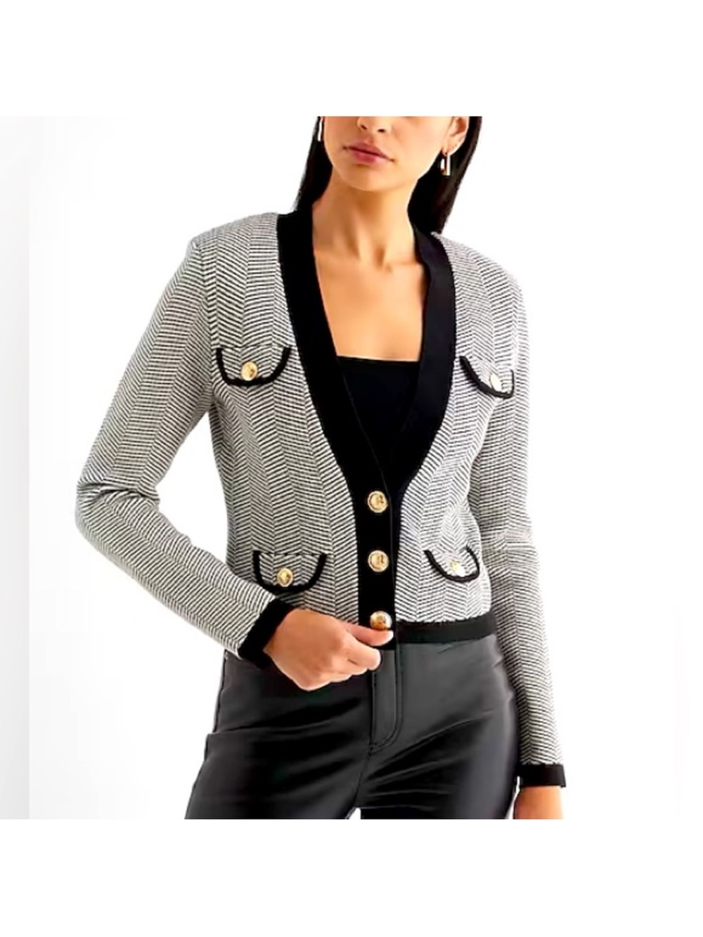 Express Black & White Herringbone Knit Cardigan Jacket with Gold Buttons